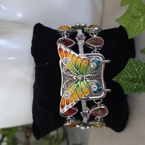 Silver Bohemian Enamel Butterfly and Flower Bracelet Magnetic Clasp